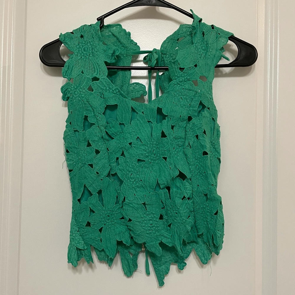 Embroidered green top.